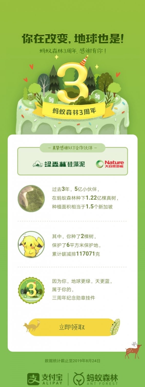 支付寶螞蟻森林3周年勛章掛件怎么獲得 螞蟻森林三周年皮膚領取技巧分享