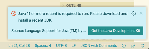快速解決VS Code報錯:Java 11 or more recent is required to run. Please download and install a recent JDK
