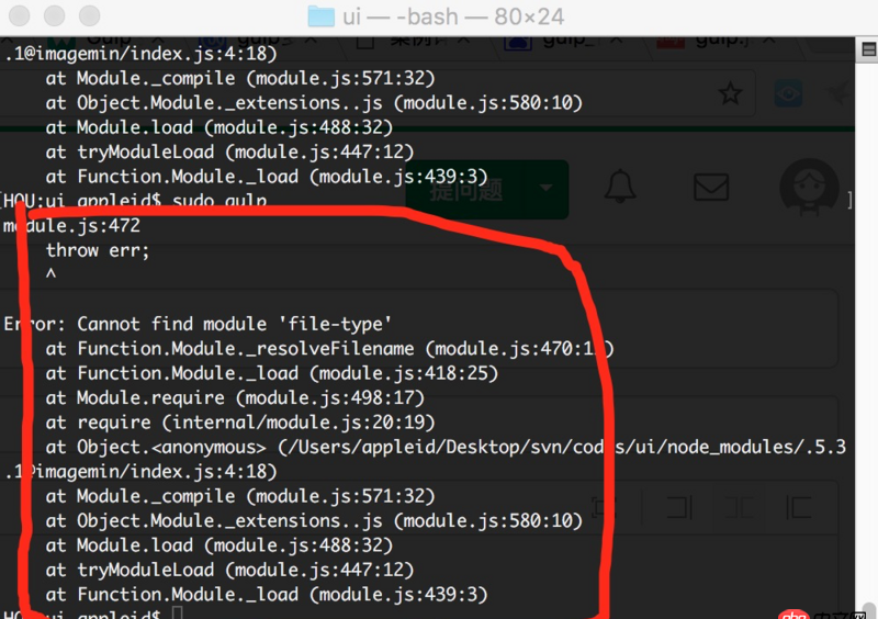 javascript - gulp 安裝完圖片壓縮插件后執(zhí)行g(shù)ulp命令后為何報(bào)Cannot find module ’file-type’？