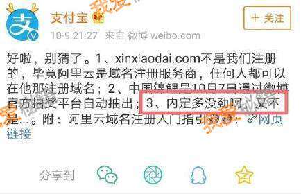 支付寶中國錦鯉內定是真的嗎?信小呆的域名是阿里注冊的嗎?