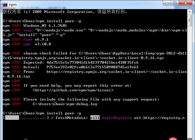 node.js - 安裝puer前端服務器不成功