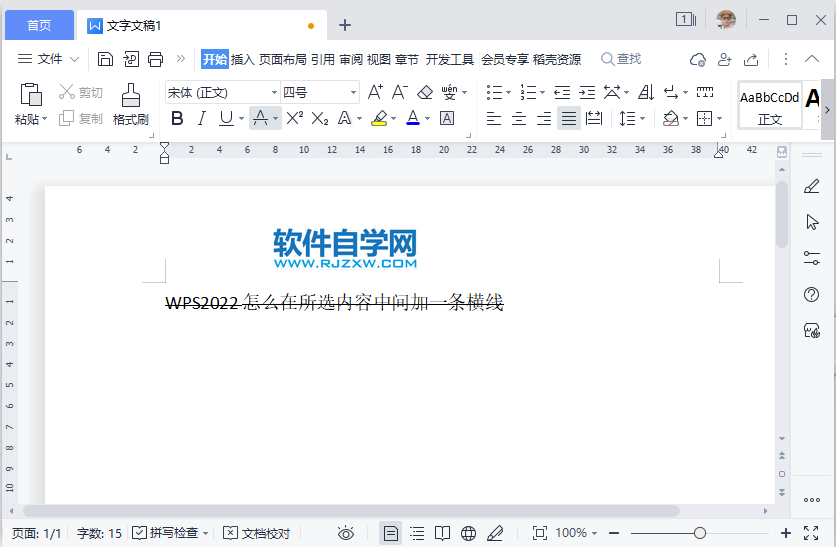 WPS2022怎么在所選內容中間加一條橫線