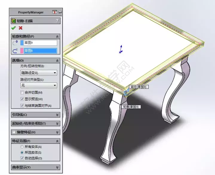 solidWorks建模練習(xí)拉伸切除一張桌子