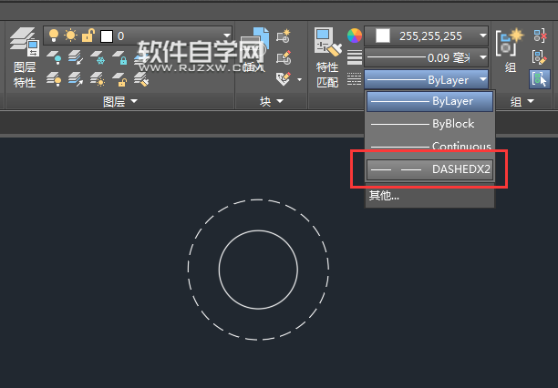 CAD怎么把圓的實(shí)線變成虛線