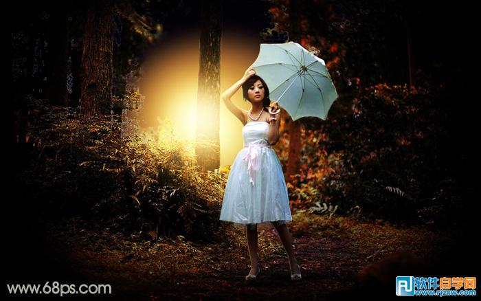 PS怎么給樹林模特調些較暗的晨曦陽光