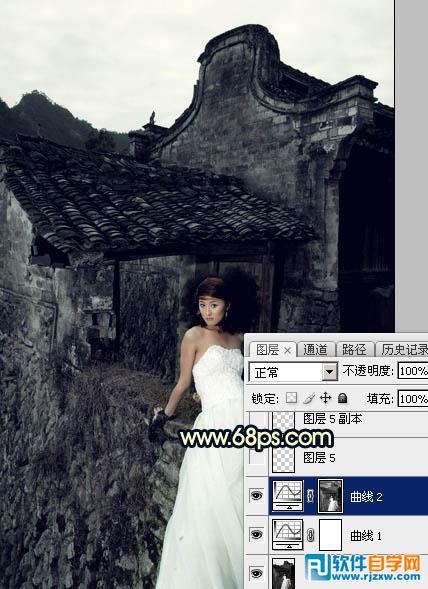 PS給在古建筑拍的婚紗照調出高對比霞光色