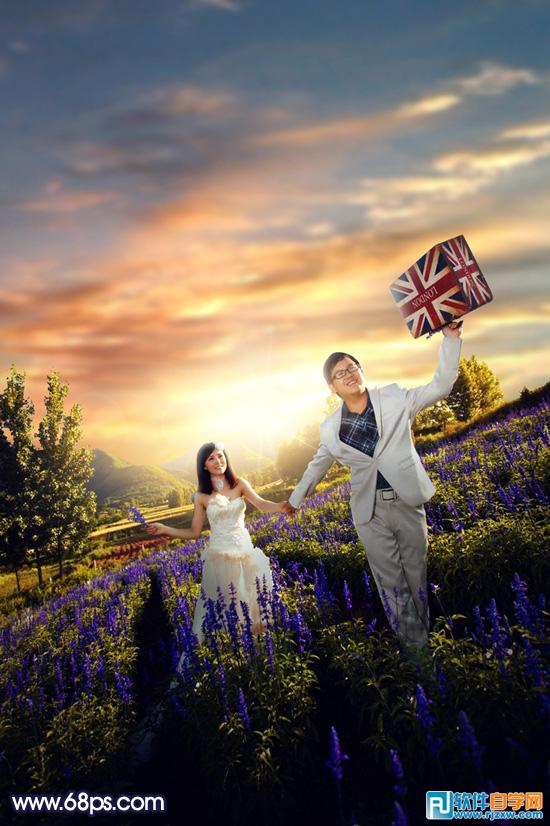 Photoshop給花海中的情侶加上唯美的霞光