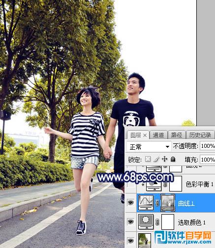 Photoshop給馬路上的情侶圖片加上紫色霞光