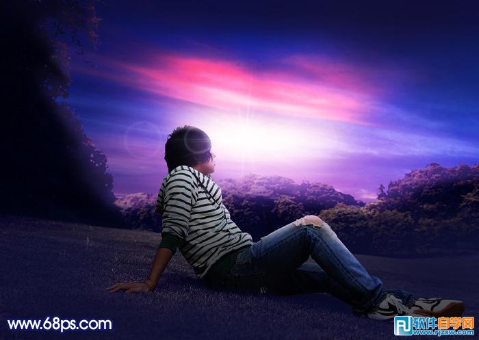 PS給唯美草坪上的人物加些紫色霞光