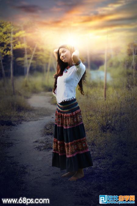 photoshop人物美化加上漂亮的霞光