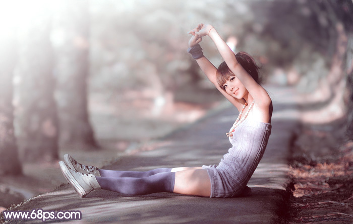 PS給小路上美女增加柔美中性紅灰色